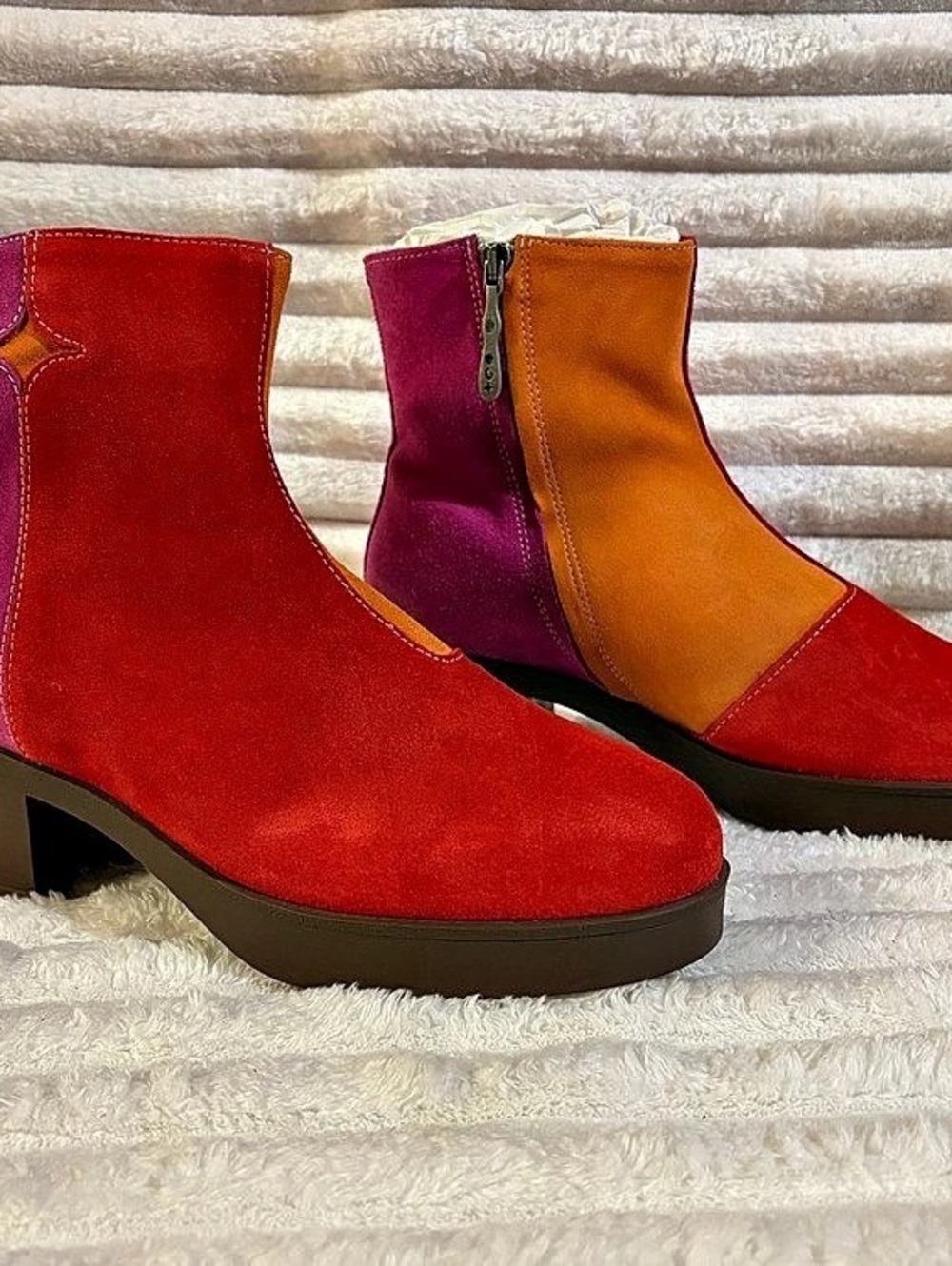 Lazo Color Block Authentic Suede Heeled Ankle Boots in Red, Orange & Pink  7.5M